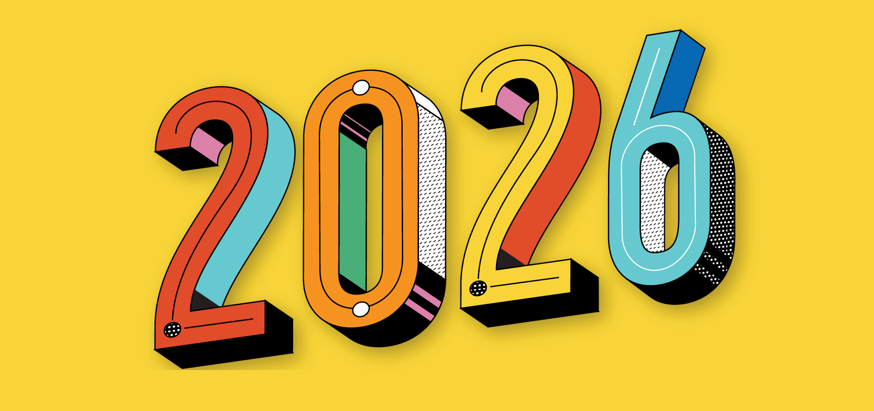 The numbers 2026 designed in bright, retro style